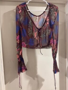 Free People Sample Mesh Floral Crop Top Bell Sleeve Boho Tie Front Small